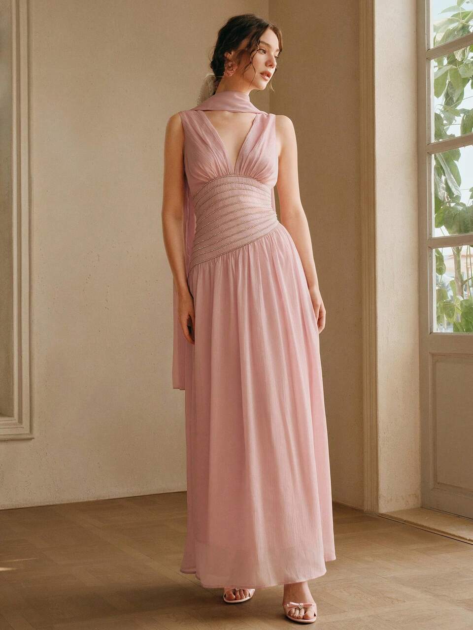 Anewsta Women's Elegant Dusty Pink V-Neck Beaded Pleated Cinched Waist Shiny Party Dress,Luxury Summer Wedding Ninang Guest Gown,Vacation Dinner Curve Dress