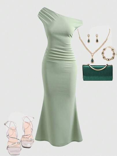 Girlism Elegant Party Solid Color Asymmetric Neck Fishtail Dress For Teen Girls