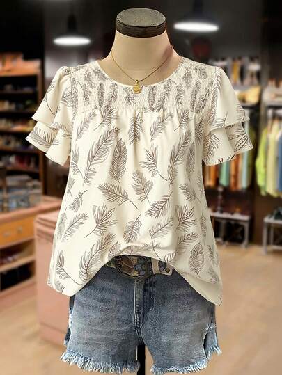 Linhara 大码女式植物叶子印花圆领双层短袖休闲通勤优雅百搭甜美约会复古沙滩度假衬衫