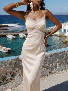 Nevyona Women's Satin & Lace Patchwork Elegant White Dress,Summer Vacation Holiday Cruise Dinner Dress,Mermaid Formal Evening Gown,Casual Party Dress - Apricot - View 4