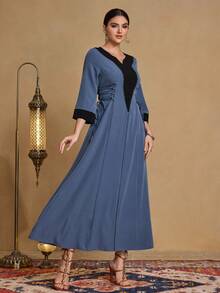 Al Najma Women's Solid Color Casual Fashionable Minimalist Contrast Color Patchwork Tie Waist A-Line Arabic Style Dress - Navy Blue - View 6