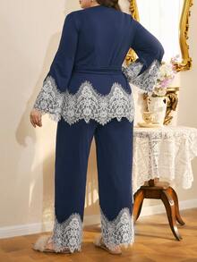 Côtesoire Plus Size Elegant Contrast Color Lace Sleepwear Set - Royal Blue - View 2