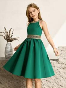 Girls' Sleeveless Dress With Spaghetti Straps, Green Pleated Skirt, Gold Trim Collar And Waistband, Fashion Elegant Dress For Casual Wear And Parties, Spring/Summer Halter Neck Green Dress Green Dress For Girl Girls Special Occasion Dress Emerald Green Elegant Girls Dress Tween Formal Green Dress - Green - View 9