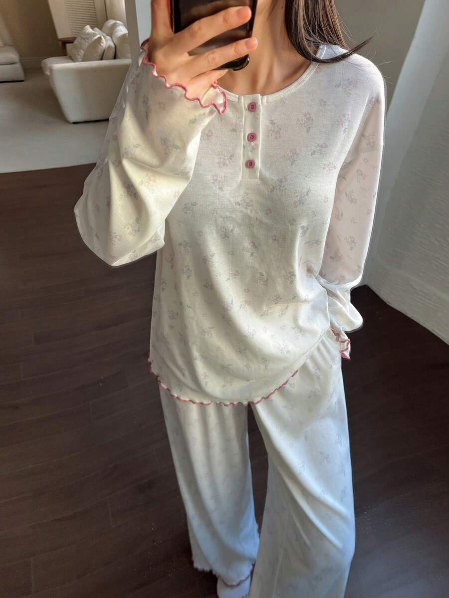 DAZY 花卉撞色滚边宽松女士睡衣套装 - 白色 - 查看 1