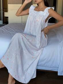 DAZY Ditsy Floral Square Neck Wide Strap Ruffle Hem Long Women Nightgown - Blue - View 6
