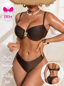 Voyashape Bộ bikini hai mảnh màu trơn DD+ dành cho nữ, trang trí kim loại, thích hợp cho mùa xuân/hè. - màu nâu - Xem 4