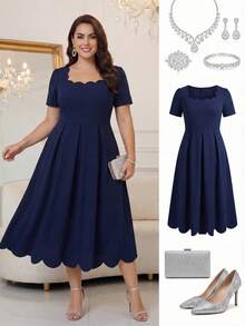 Ellevyn 大码优雅方形领口贝壳边纯色女士连衣裙、毕业礼服、女士毕业礼服、白色毕业礼服、毕业装、夏季礼服、毕业礼服、女士夏季礼服、婚礼宾客礼服、女士舞会礼服、优雅派对礼服、女士生日礼服、优雅女士礼服、优雅女士礼服