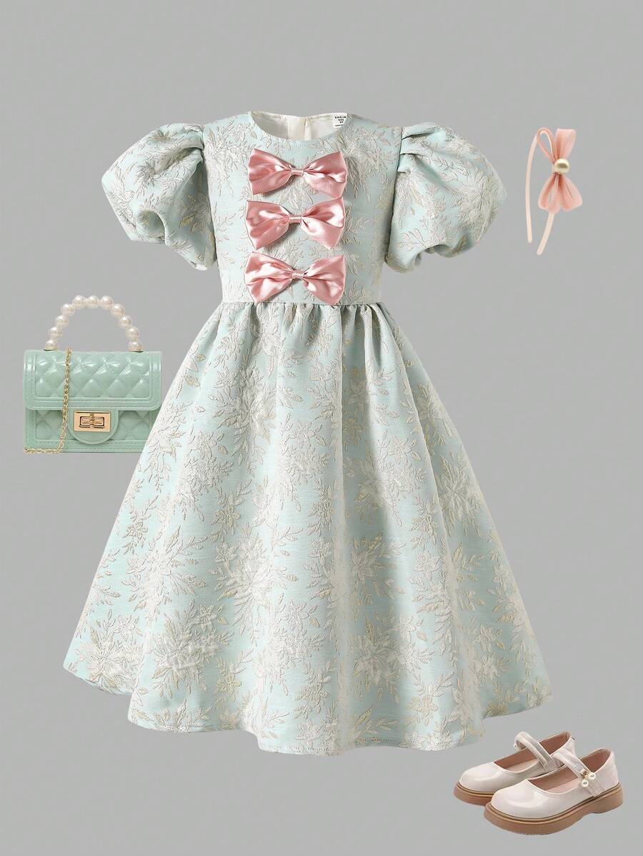 Girls' Summer Dress With Puff Sleeves, Jacquard Fabric, Bow Tie, A-Line Skirt, Fashion Elegant Dress, Suitable For Daily Wear, Afternoon Tea, Vacation, Photo Shoot, Ages 8-12 - Blue - View 1