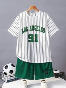 SHEIN 青少年男童休闲舒适时尚百搭可爱条纹短袖T恤短裤套装，适合日常穿着、上学、郊游、运动、度假和聚会。 - 綠色 - 查看 3