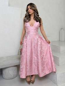 Jemour 复古3D压花花卉V领无袖喇叭女式连衣裙 - 粉色 - 查看 4