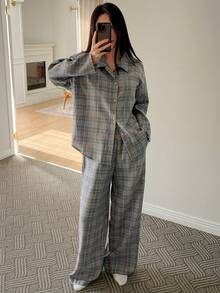 DAZY Plaid Print Button Front Long Sleeve Top And Pants Loose Women Pajama Set - Grey - View 5