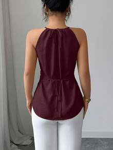 Elenzga Áo kiểu quấn cổ yếm màu trơn dành cho nữ, thích hợp cho mùa hè. - Màu Đỏ Sâu - Xem 2