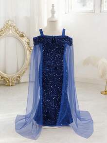 Glamorique Kids 年轻女孩优雅迷人可爱酒红色吊带露肩薄纱收腰鱼尾连衣裙，正式礼服 - 寶藍色 - 查看 2