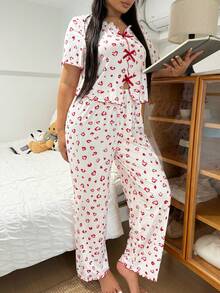 ZzzCrew Conjunto de ropa de dormir ajustada con estampado de corazón dulce, adornos de encaje y lazo sexy - Multicolor - Ver 6