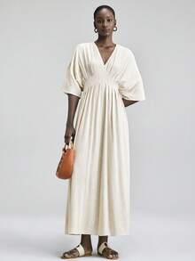 Ontre 2026春夏女士天然亚麻色舒适柔软亚麻面料修身廓形落肩袖腰部荷叶边蝴蝶结装饰现代优雅婚礼宾客装扮，简约浪漫法式奢华都市时尚商务休闲办公装，低调复古高端都市通勤高品质机场邮轮必备衣橱单品，四季皆宜百搭婚礼系列女士上衣 - 卡其色 - 查看 2