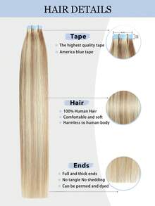20Pcs 50Gram Tape In Hair Extensions Human Hair 18inch Remy Hair Extensions Panio Color 18/613 Fashion Tape In Extensions, Tape In Human Hair Extensions Add Length For Wedding Halloween Costumes - S18/613 - View 3