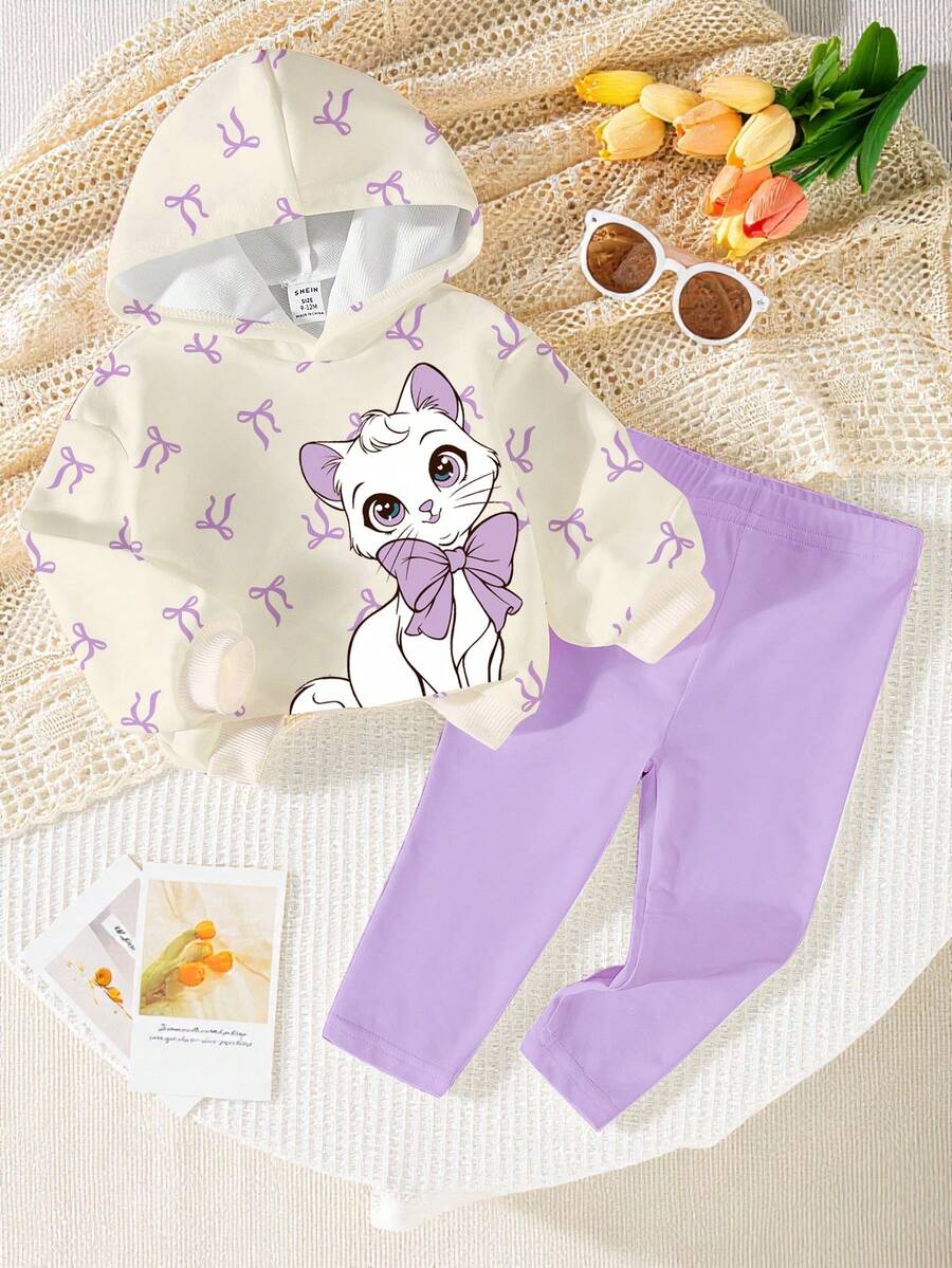 SHEIN 两件套女婴休闲时尚可爱蝴蝶结猫咪印花连帽卫衣和粉色打底裤套装,适合秋冬季日常室内外穿着。 - 彩色 - 查看 1