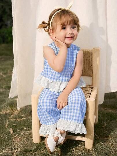 Cozy Pixies 2pcs Baby Girl Colorblock Floral Trim Crew Neck Sleeveless Cardigan Top And Elastic Waist Pants Set