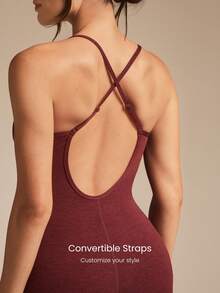 GLOWMODE 26" Softy Velvaire Super Soft Switch Back 2-Way Wear Bodysuit Low Impact Yoga Pilates Studio Daily Casual Wear Removable Cups - Burgundy - View 4