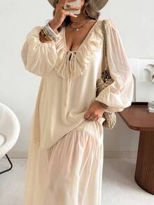 Vionelle Women's Loose Chiffon Plus Size Long Dress With Ruffle Hem And V Neck Extra Long Bishop Sleeve Bohemian Style - Apricot - View 8