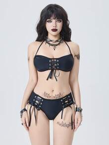 ROMWE Women's Solid Color Keyhole Tie Front Sexy Bikini Swimwear Set, Summer Beach Gothic Swimwear Goth Bikini Gothic Bathing Suit Emo Bikini Studded Bikini Goth Bathing Suits For Women Gothic Bikini Women's Corset Women's Corset - Black - View 4
