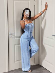 BamGleam Mono de mezclilla con botones delanteros y tirantes para mujer - Azul - Ver 6