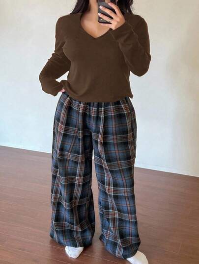 Dazy Plus Solid Color V-Neck Long Sleeve Top & Plaid Pants Pajama Set