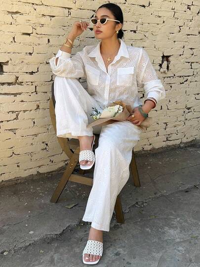 Dazy Plus 2pcs/Set Elegant Lace Loose Turndown Collar Long Sleeve Top And Straight Leg Long Pants, Plus Size Women Casual Outfit, Spring/Autumn, White