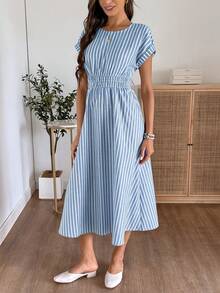 EMERY ROSE Women's Summer Striped Round Neck Batwing Short Sleeve Casual Long Dress - Blue and White - View 3