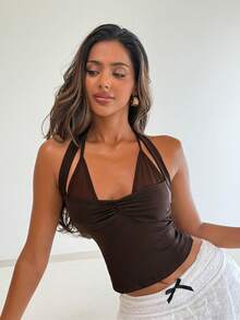 Aloruh 女士性感Y2K棕色系带露背短款上衣，春季女装，外出上衣，夏季上衣，夏季度假装 - 棕色 - 查看 8