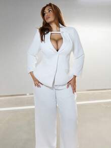 MelDlgn 大码曲线秋冬优雅通勤商务派对大码女士黑色正式腰部西装外套和阔腿裤女士两件套西装商务休闲女装女士西装外套套装女士裤子套装女士裤装套装公司套装女士工作服女士西装 - 白色 - 查看 4