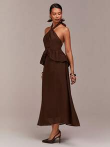 COSMINA Robe longue élégante pour femmes avec col en V sans manches, ourlet à volants, taille cintrée dans un style bohème. Idéale pour les vacances, les sorties, les soirées, les mariages sur la plage, le printemps - Café - Voir 7