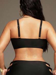 Swim SXY 大码女士极简性感纯色镂空比基尼套装，夏季沙滩装 - 黑色 - 查看 4