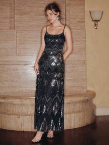 Anewsta 女士复古波西米亚浪漫情人节亮片串珠吊带优雅派对连衣裙 - 黑色 - 查看 7