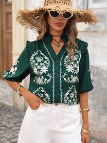 Brillora 女士V领荷叶边开襟休闲印花衬衫，适合春夏外出和度假 - 綠色 - 查看 3