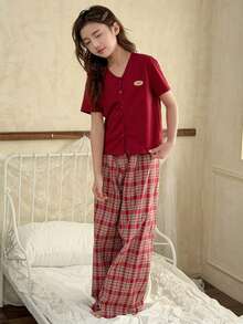 DAZY Tween Girl Letter Print Patch-Up Short Sleeve Top And Patch Pants Pajama Set - Burgundy - View 4
