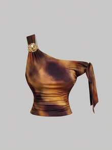 SHEIN MOD 女士两件套：不对称装饰纽扣修身花卉蝴蝶结上衣，春夏假日，情人节，波西米亚风，复古风，外出上衣，度假，复古风，外出，假日服装，沙滩装，优雅派对装，度假装，度假，波西米亚风，优雅派对装，婚礼宾客装，度假装，下午茶派对装 - 彩色 - 查看 8