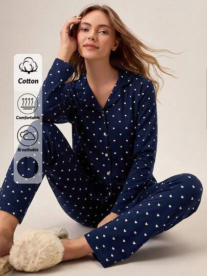 Loomlin Women Contrast Colour Button Front Heart Pattern Long Sleeved Shirt&Panst Homewear PJ Set Navy Blue Pajama Set Pajama Sets For Women Long Sleeve Button Up Pajamas Women Blue Pj Set Women Heart Print Pajama Set