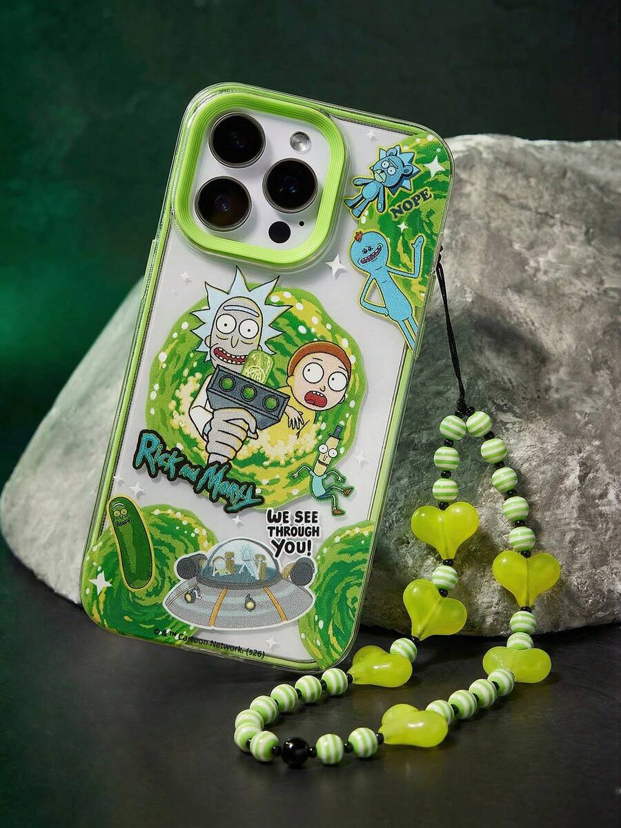 Rick and Morty X SHEIN 趣味双层手机壳，透明设计，经久耐用，时尚美观 - 星际旅行印花保护壳，兼容 11 - 17 Pro Max - 淺綠色 - 查看 1