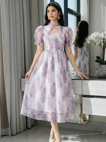 SHEIN Đầm chữ A tay phồng khoét eo, họa tiết hoa tím trắng, chất liệu organza, dành cho thiếu nữ, thanh lịch và duyên dáng. - Màu tím - Xem 2