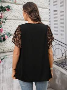Miaspire Plus Size Women Leopard Print Tie Front Ruffle Sleeve Dressy Blouse,Summer/Spring - Black - View 2