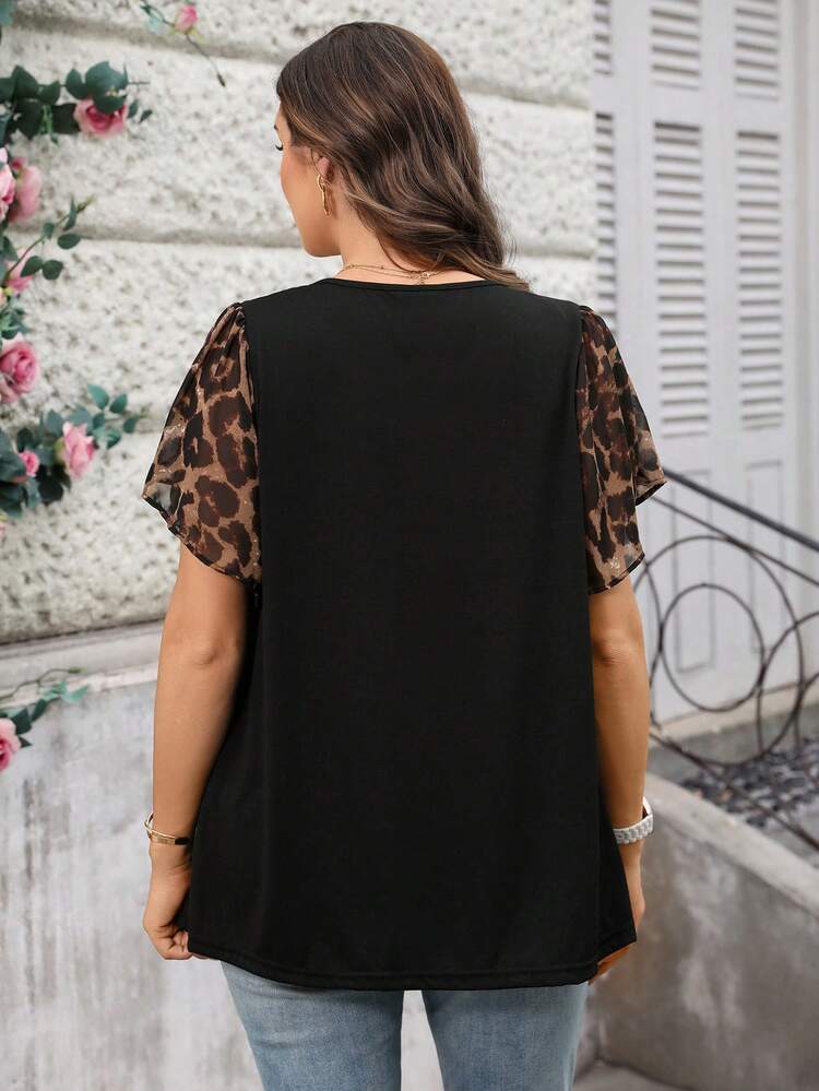 Plus Size Women Leopard Print Tie Front Ruffle Sleeve Dressy Blouse,Summer/Spring