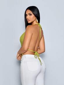 SOLERSUN Elegant And Sexy Solid Color Jacquard Halter Neck Top/Tank Top For Women, Perfect For A Valentine's Day Date. - Green - View 2