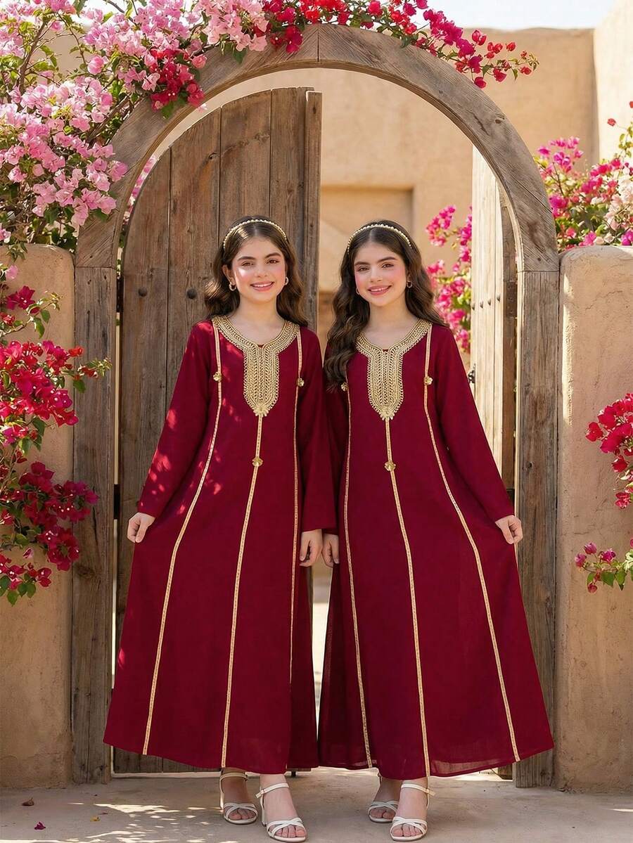 SHEIN 优雅端庄的绿色长袍,修身休闲阿巴雅式连衣裙,适合青少年女孩,民族风中东设计 - 酒紅色 - 查看 1