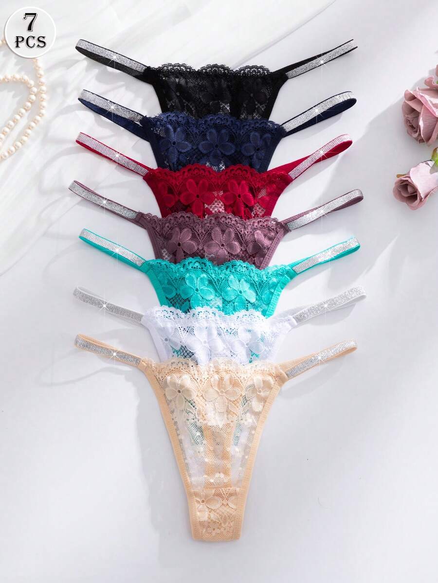 7pcs/Pack Sexy Lace Thong Panties, Seamless Women's Underwear - Multicolor - View 1