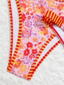 Swim Vcay 3件套/组：碎花条纹饰边泳衣上装，配套印花三角比基尼泳裤，夏季沙滩度假风女士泳装比基尼套装 - 彩色 - 查看 5