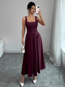 Rafferiza Conjunto de 2 piezas de mujer con chaleco sin mangas de cuello cuadrado de un solo botonadura y falda plisada acampanada, versátil para uso diario - Rojo violeta - Ver 3