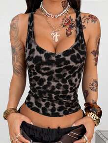 Coolane 女士春夏街头复古音乐会锐舞节外出夜生活文艺复兴集市俱乐部豹纹V领背心 - 棕色 - 查看 3