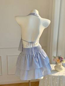 SHEIN EZwear Women's Striped Ruffle Hem Backless Halter Top And Mini Skirt Sexy Fashion 2-Piece Set - Baby Blue - View 4
