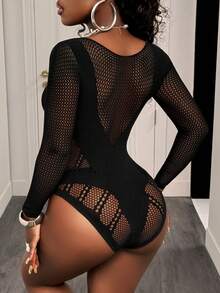 BamGleam 女士纯色圆领长袖性感网纱连体衣 - 黑色 - 查看 2